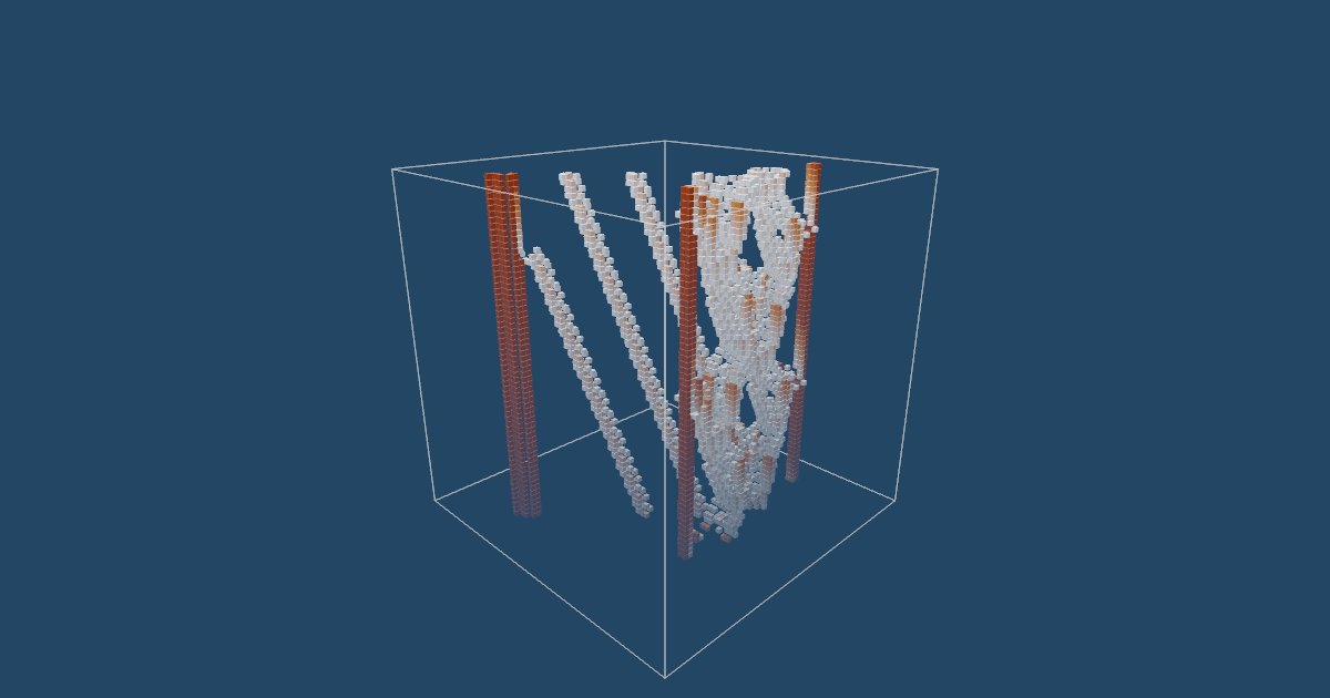 The time stack of Gosper's glider gun: the gun's still parts as columns, each glider as a diagonal staircase of cubes.