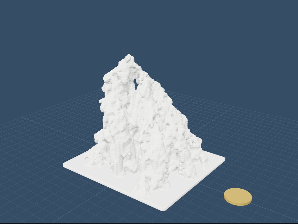A craggy mountain: the cells where two runs differ, spreading from one flipped cell at the top.