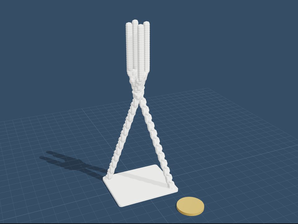 Two glider staircases meeting in a flare, with a still life rising above them as a column.