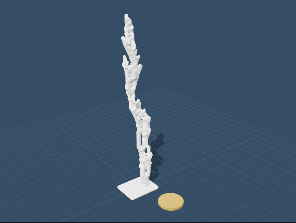 Diehard's whole life in smooth blobs: a slender tower that ends where the pattern dies out.