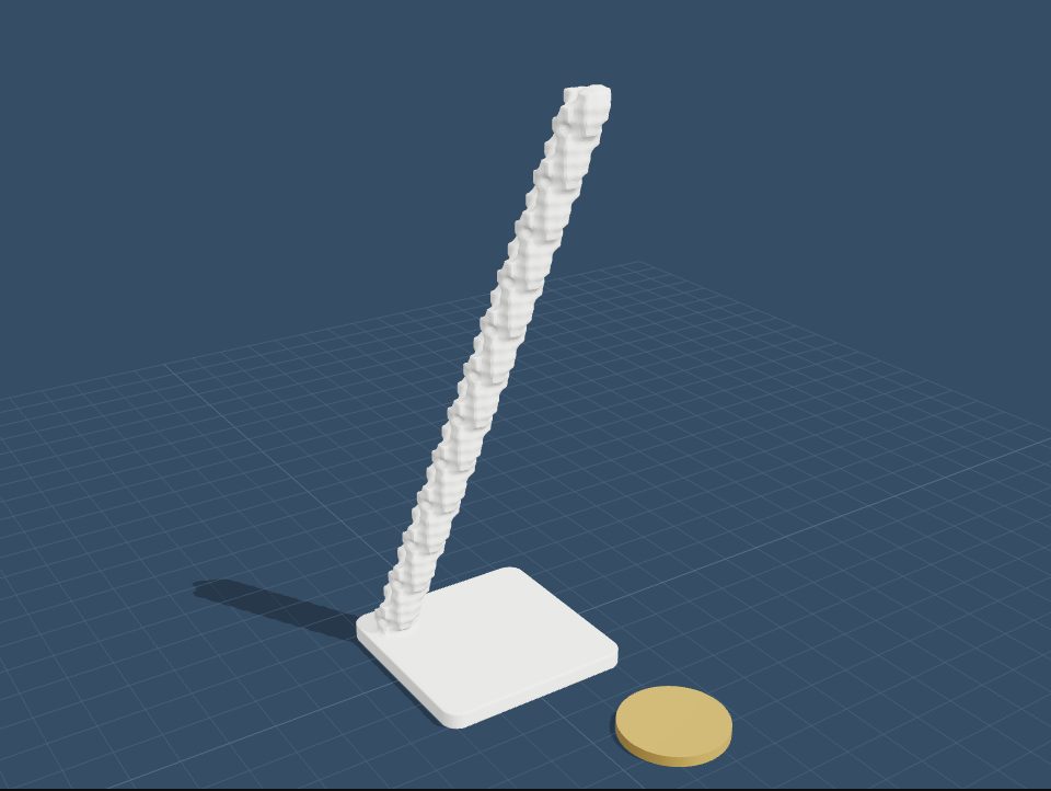 The glider as a time sculpture: a thin staircase of cells climbing diagonally from a square base plate, beside a 1 euro coin.