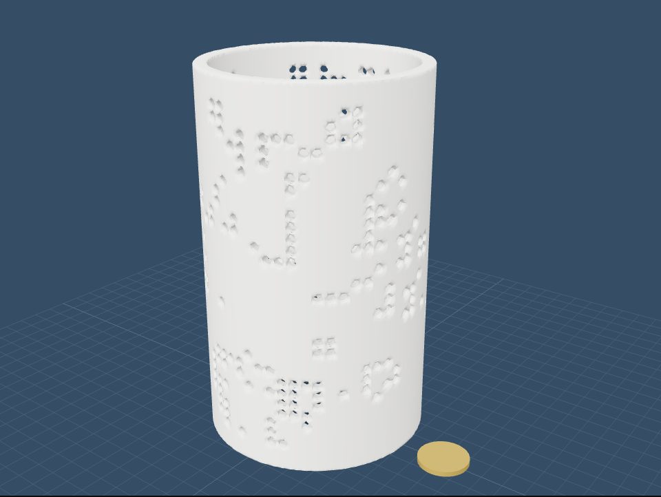 A tall cylinder perforated with small round windows in the pattern of a Life soup.